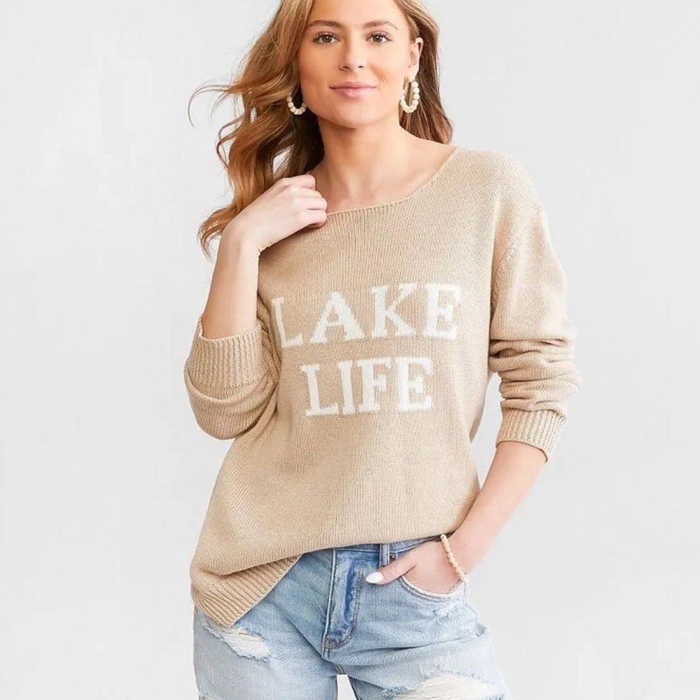 Gilli Womens Lake Life Graphic Knit Sweater Tan Beige Long Sleeve Side Slits Sm